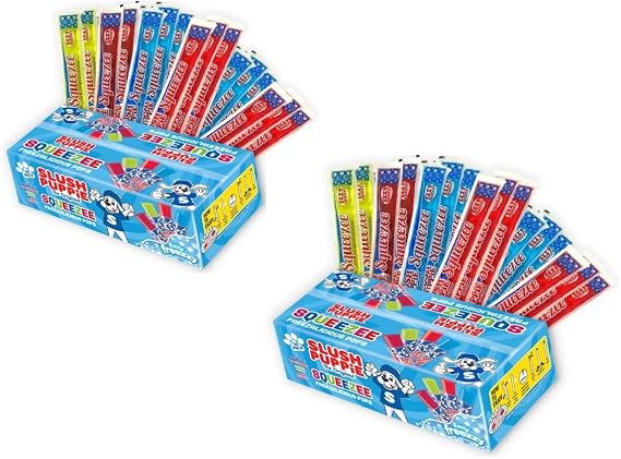 Slush Puppie Squeezee Ice Pops 50 x 60ml | Red Cherry, Lemon &Lime, Strawberry and Blue Raspberry Fruit Flavour Freezer Pops (Pack Of 2, 1, count)