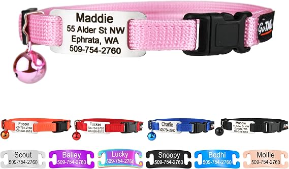 GoTags Personalised Cat Collars, Engraved Custom Cat Collar with Name and Phone Identification, Breakaway Collar with Safety Release Buckle and Bell, Adjustable for Cats and Kitten