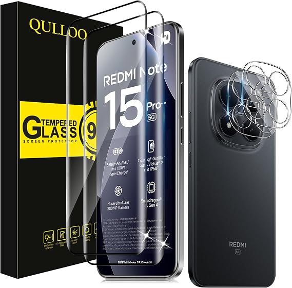QULLOO Screen Protector for Xiaomi Redmi Note 15 Pro Plus/Note 15 Pro+ 5G, 2 Pieces Tempered Glass and 2 Pieces Camera Lens Protector, 9H Hardness Ultra Resistant Tempered Glass