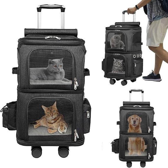 Double Cat Backpack Carrier, with Detachable Wheels Portable Transport Backpack Transport Bag Foldable Pet Carrier Backpacks for 2 Cats small dogs rabbits