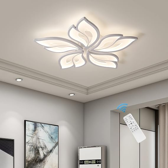 Garwarm Modern Ceiling Light, 23.6 Inch Dimmable LED Chandelier Flush Mount, Remote Control for Living Room Dining Room Bedroom Acrylic Leaf Lamp Fixture 60W