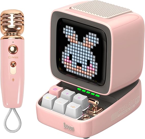 Divoom Ditoo-Mic Karaoke Mikrofonlu Uyarlanabilir Piksel Ekranlı Bluetooth Hoparlör-Hediye Kutulu (Pembe)