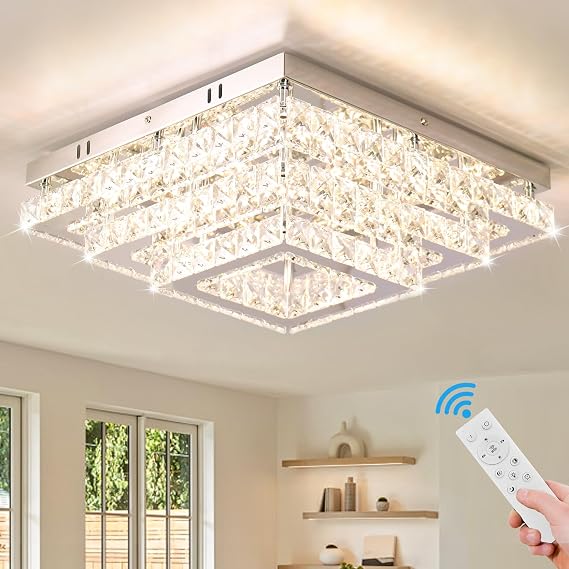 15" 3-Tier Square Crystal Chandelier, Dimmable LED Ceiling Light, Remote [Energy Class E]