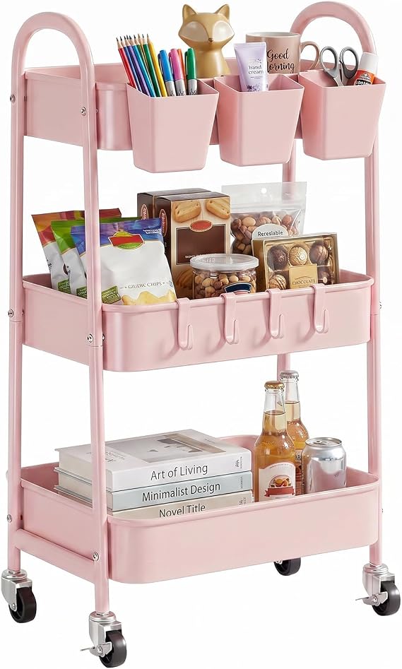 danpinera 3-Tier storage trolley, Metal storage cart with Lockable Wheels & Hanging Cups & Hooks, storage trolley on wheels for bathroom, kitchen, craft, beauty, Pink
