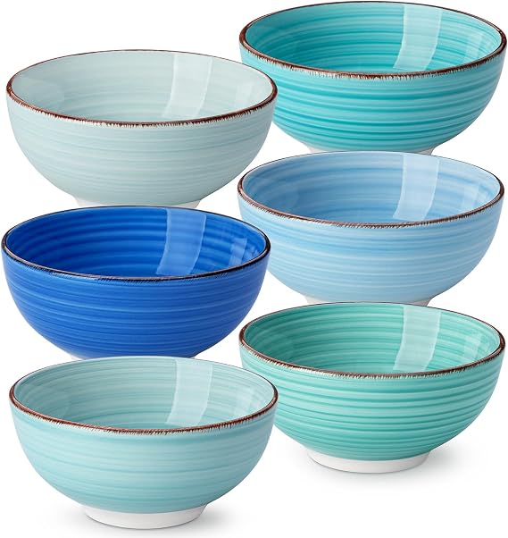 vancasso Bonita 6 Dessert Bowls, 380 ml, Small Stoneware Bowls, Hand Painted, Style Blue Colors, Set of Bowls for Dessert, Ice Cream, Rice, Snack and Appetizer, Dishwasher and Microwave