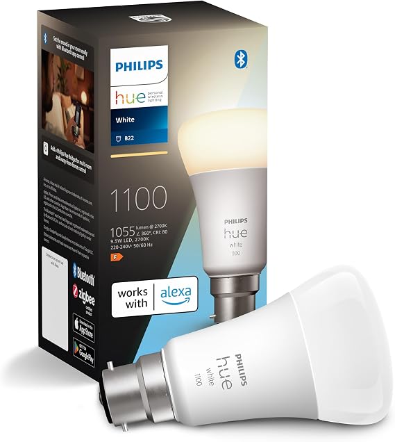 Philips Hue Smart Bulb, B22, Dimmable, Dynamic Settings, Works with Alexa, Google Assistant and Apple Homekit, White [Energy Class A]