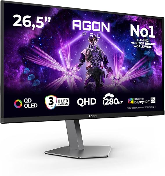 AOC Agon Pro AG276QZD2-27 inç QHD OLED Monitör, 240 Hz, 0,03 ms GtG, FreeSync Premium Pro, Com.G-Sync, HDR400 (2560x1440, 2X HDMI 2.1, DisplayPort, USB Hub) Siyah [Enerji Sınıfı C]