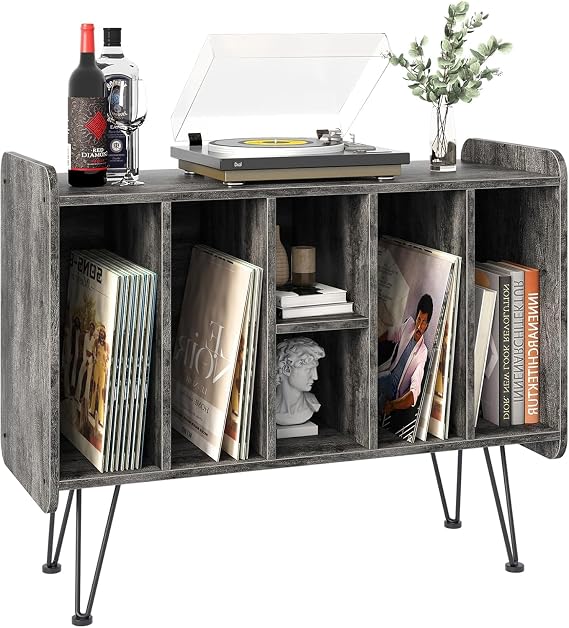 Huhote Record Player Stand, VinylRecord Storage 3 Tier End Table, Turntable Stand for Vinyl Player, RecordPlayer Table Up to 200 Albums, Vinyl RecordHolder Cabinet for Living Room Bedroom (Gray)