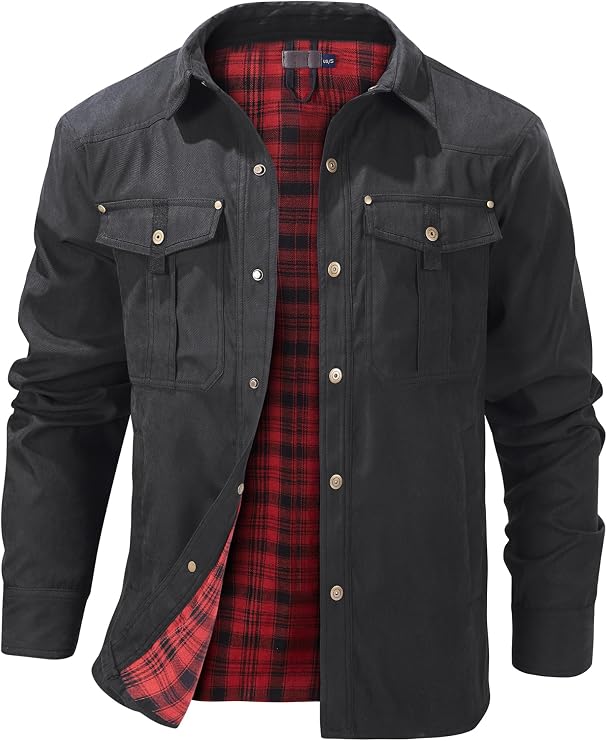 Mr.Stream Men's Checked Flannel Lining Jacket Shirt Jacket Transition Jacket Lightweight Stand-Up Collar Field Jacket Cargo Autumn Jacket Snap Western Cowboy Jackets