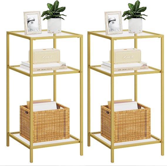 Homhedy Side Tables Set of 2, 3-Tier End Tables with Tempered Glass