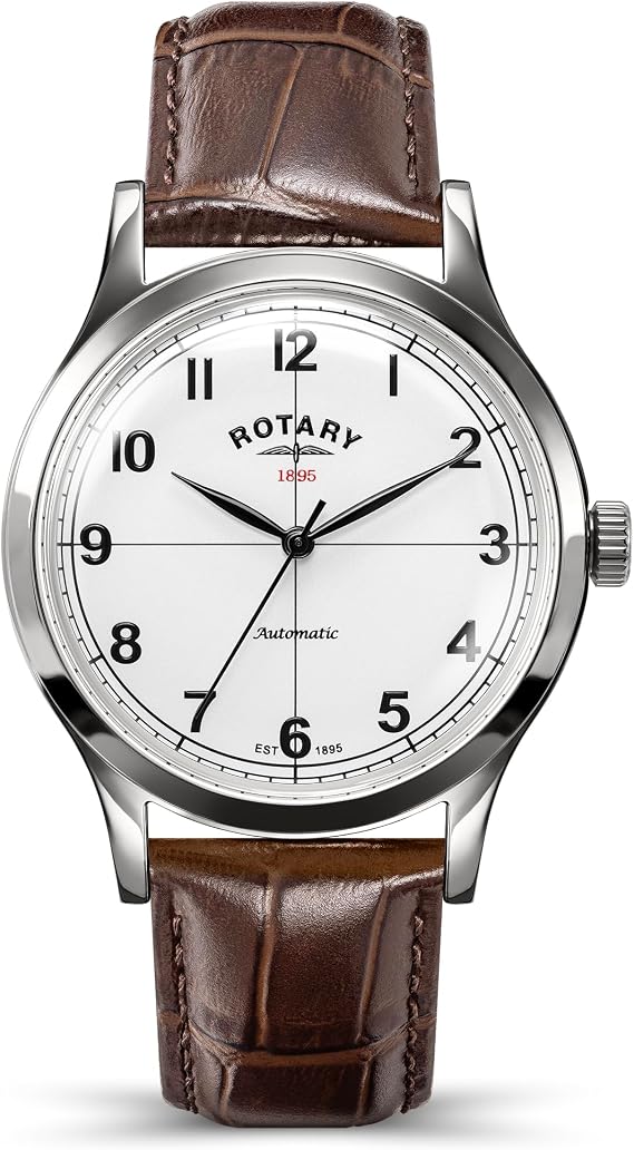 Rotary Men's 1895 Automatic Stainless Steel White Dial Brown Leather Strap Watch
