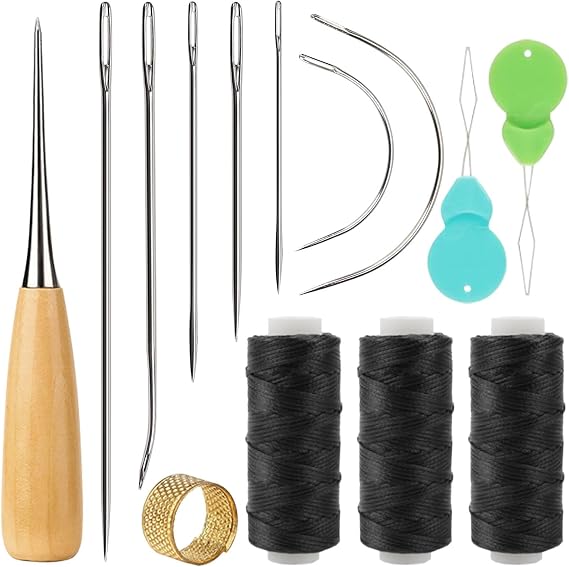 14 Pcs Leather Needle and Thread Kit, Heavy Duty Sewing Tools with 3 Rolls of Waxed Thread, Repair Needles and Awl for Upholstery, Leather, Sofa, Carpet and Canvas Repair