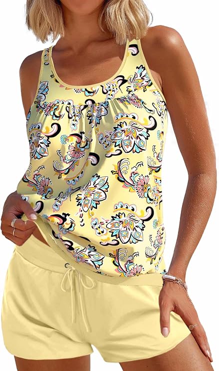 MODLILY Two Piece Women's Tankini Swimsuits Tummy Coverage Bathing Suits