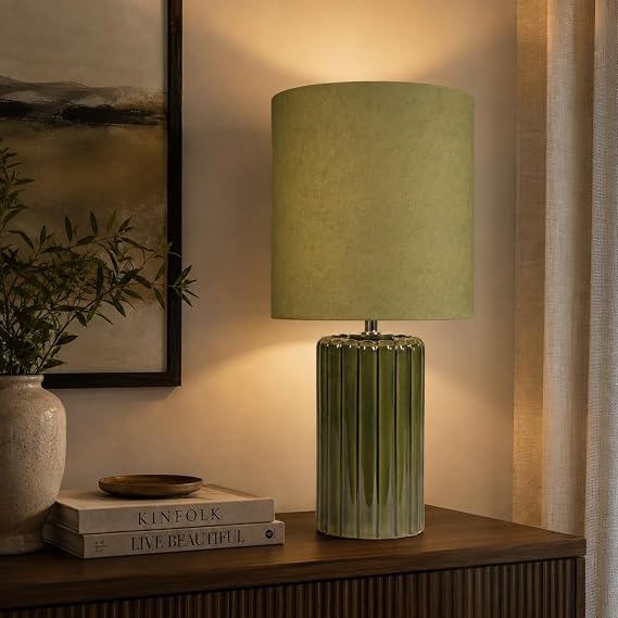 Tall Ceramic Table Lamp with Matching Velvet Shade in Orange Blue and Green (Green) [Energy Class D]