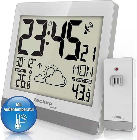 Techno Line WS8119 Digital Radio-Controlled Wall Clock with Temperature Display and Weather Forecast