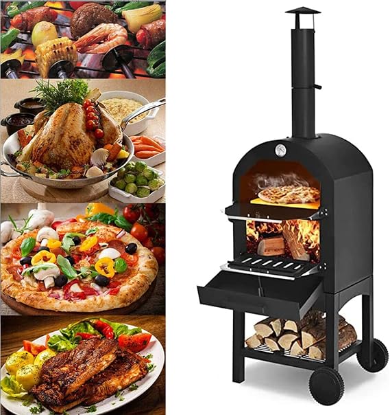Pizza Kiln Pizza Oven Camping Outdoor 12" Portable Dual Layer Wood Stove Pizza Maker Pizza Pan Maximum 900 Degree F Thermometer Removable Wheel with Chimney PIZZA Kiln Home Outdoor Oven Stone Kiln Cooking