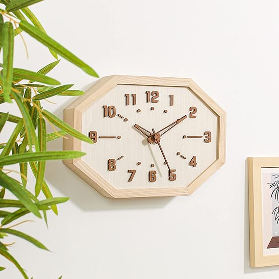 Wall Clock, Stylish, Popular, Cute, Natural Wood, Octagonal Clock, 3D Dimensions, Easy to View, Wall Mount, Table Clock, Nordic Design, Continuous Second Hand, Silent, 12 Inches, Modern Home