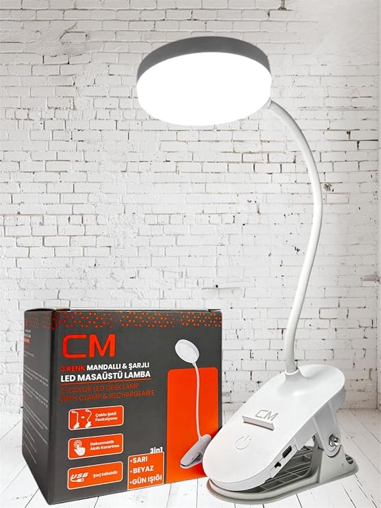 CM 3 Işık Modlu LED Masa Lambası Mandallı, USB Şarjlı, Taşınabilir [Enerji Sınıfı B]