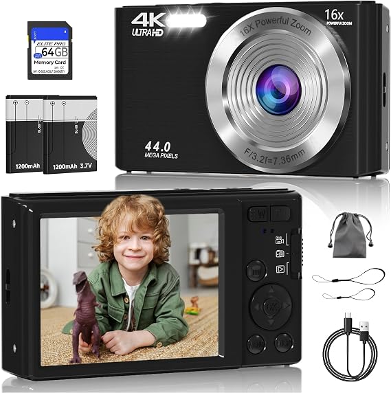 Digital Camera, FHD 4K 44MP Digital Camera, 16x Digital Zoom, Digital Point & Shoot Camera with 3 LED Fill Light, 64GB SD Card, Compact Camera, Kids, Teens, Boys, Girls, Black
