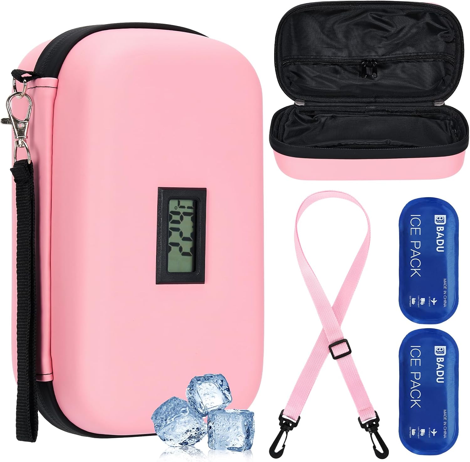 Defresit 24h Insulin Cooler Travel Case - TSA Approved Medication Diabetic Cooler for Travel with Thermometer Temperature Display Refrigerated Medicine Organizer Bag with 2 Ice Pack (Pink)