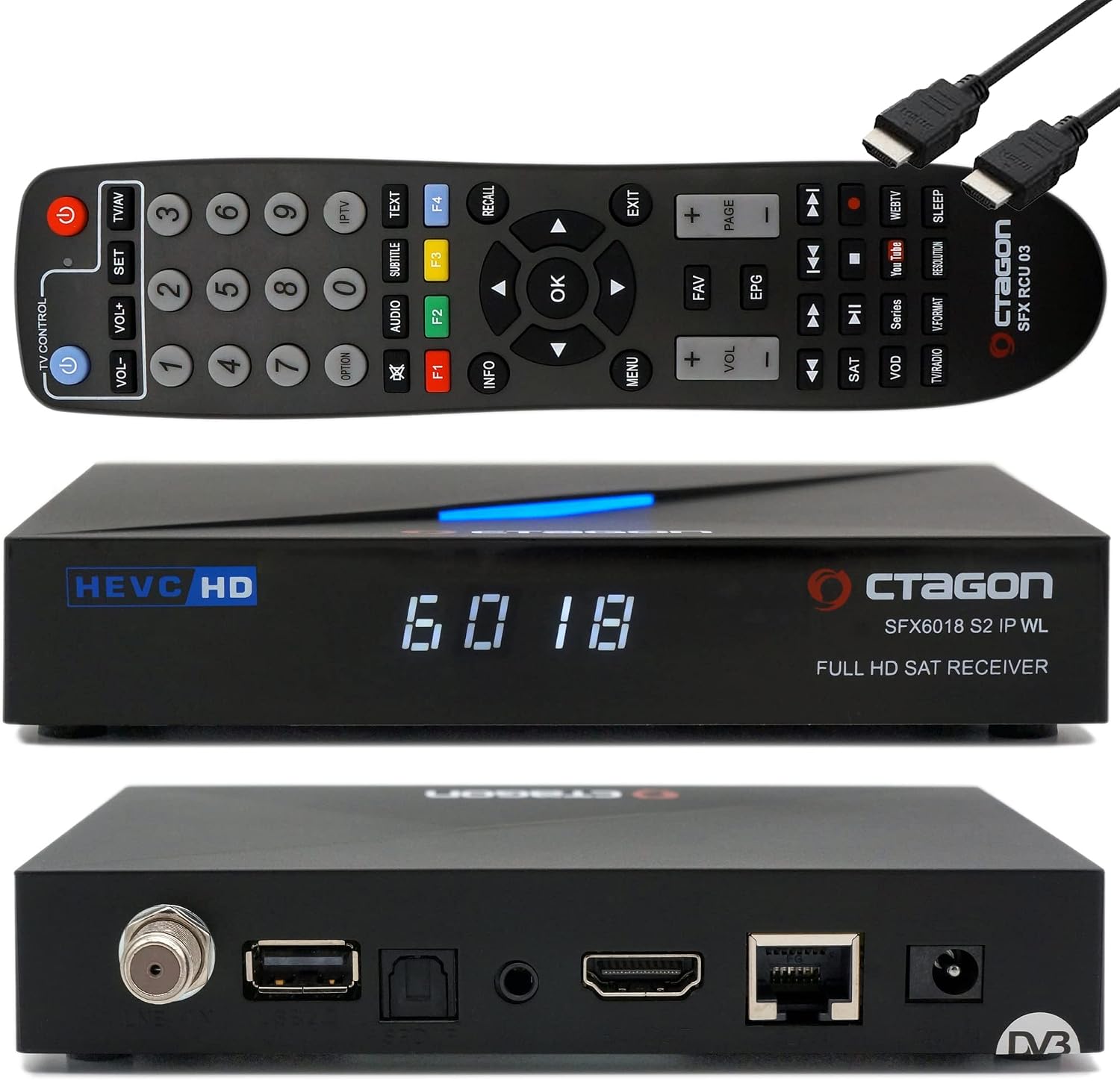 OCTAGON SFX6018 S2+IP WL H.265 HEVC 1x DVB-S2 HD E2 Linux Smart Receiver Satellite Receiver with Recording Function Card Reader YouTube Web Radio 150Mbit WLAN and EasyMouse HDMI Cable Black