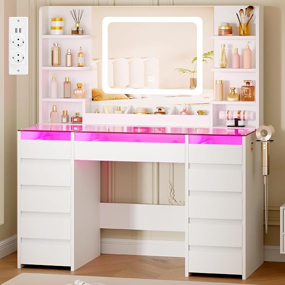 BEWISHOME Makeup Vanity with Mirror and RGB Lights,Glass Cover