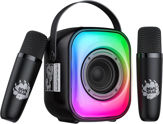 PHNIXGAM Mini Karaoke Makinesi, İki Kablosuz Mikrofonlu, Yetişkinler ve Çocuklar için Taşınabilir Bluetooth Hoparlör, LED'li Karaoke Mikrofon, TF Kart/USB için Hoparlör Destekleri, AUX in (Siyah)