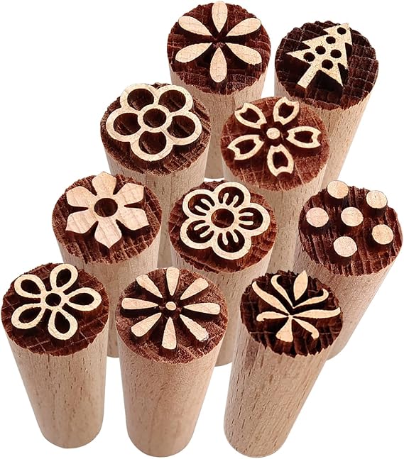 NIYATA Wooden Pottery Stamps,10PCS Natural Wood Pottery Tools with Flower and Column Patterns,Natural Wooden Stamps for Clay,Scrapbooking,Card Making,and Cake Decorating (1.5x5cm)