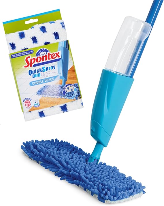 Spontex Quick Spray Duo Flat Spray Mop with Washable Microfibre Mop Head Pads | Cleans Laminate, Wood & Tile Flooring | No-Touch Reversible Head
