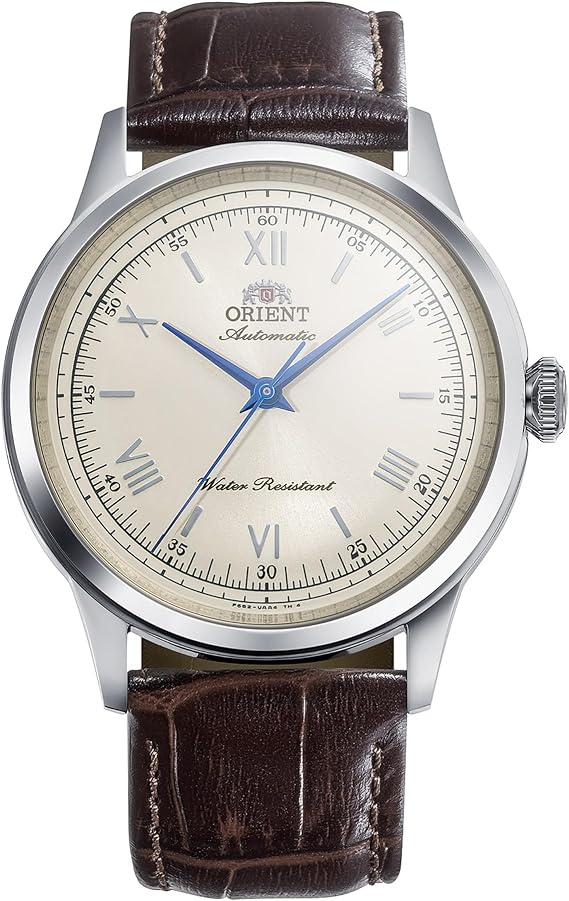 Orient Bambino RA-BB0003Y30B 38.4mm 自動機械式 メンズドレスウォッチ – アイボリーダイヤル、ステンレススチールケース、ブラウンレザーストラップ、ドーム型ミネラルクリスタル&エキシビションケースバック