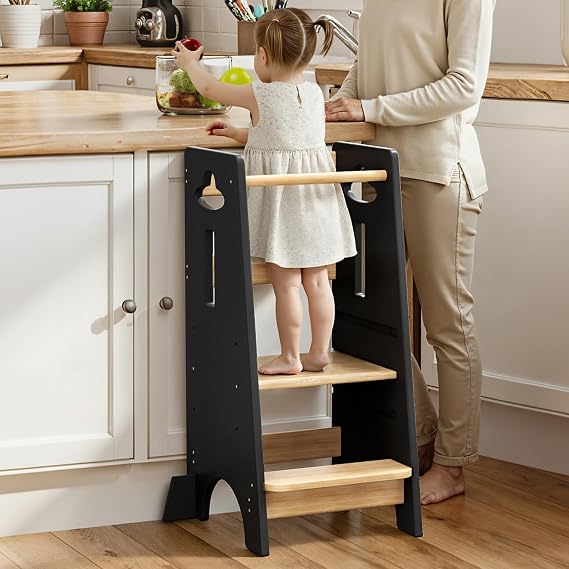 COSYLAND Toddler Step Stool Height Adjustable - Toddler Kitchen Standing Tower Super Stable - Wooden Kids Learning Stool for Kitchen/Toliet (Dark Grey & Natural,Large)