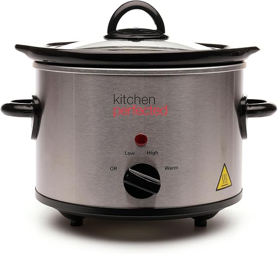 KitchenPerfected 1.5Ltr Round Slow Cooker - 3 Heat Settings - Removable Crock Pot - Power & Temp Indicator Light - Toughened Glass Lid - Cool Touch Handles - Brushed Steel - E3016SS