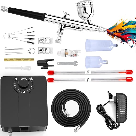 Airbrush Kit with Compressor, 36 PSI Pressure Dual-Action Air Brush with 0.2/0.3/0.5mm Nozzles & Cleaning Set, Non-Clogging Spray Gun for Model Painting, Cake Decorating, Nail Art, Makeup