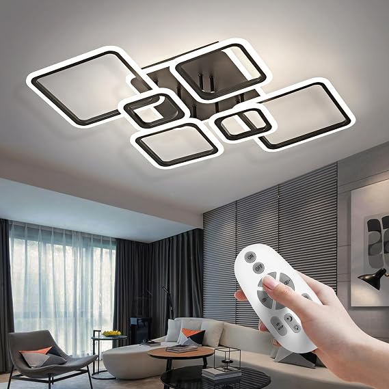 OKELI Modern LED Ceiling Lights, Dimmable Acrylic 6+1 Square Rings Ceiling Lights with Remote, Large Black Flush Mount Ceiling Light Fixture for Bedroom Living Room Dining Room, 48W [Energy Class G]