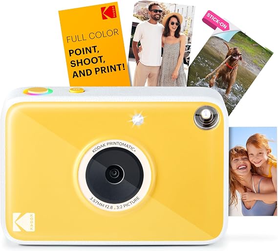KODAK Printomatic+ Instant Print Digital Camera (Yellow) 10MP Portable Camera with Interactive RGB LED Status Indicator, Prints Full-Color Photos on Zink 2x3” Sticky-Backed Photo Paper - Easy & Fun
