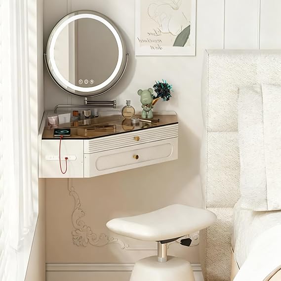 Corner Floating Vanity Desk Glass Top Makeup Table with Storage Drawers