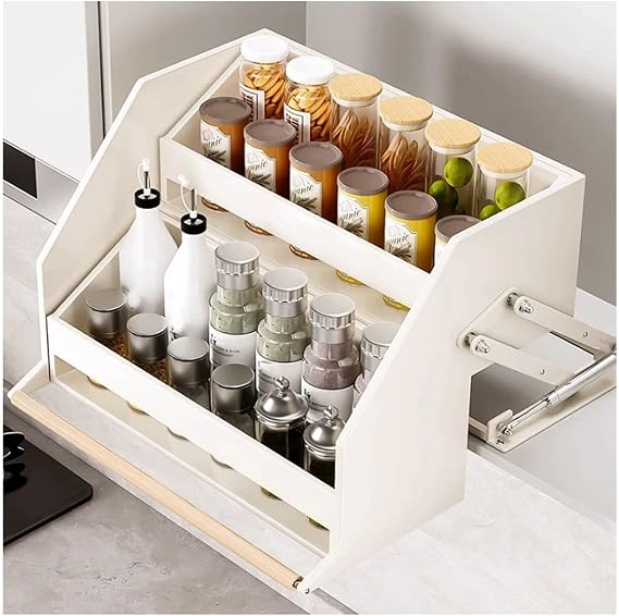 Pull Down Shelf Organizer,2 Tier Pull Down Spice Rack Kitchen Organizers and Storage,for Kitchen Upper Cabinet(White)