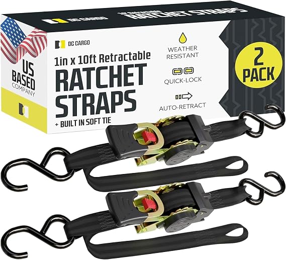 DC Cargo Auto Retractable Ratchets Straps Heavy Duty (w Soft tie)- 2 Pack 1" x 10' - SELF-CONTAINED Cargo Strap Tiedowns for Motorcycles, ATVs, Bikes, Boats: Tight & Secure Pickup Trailer Tie Down