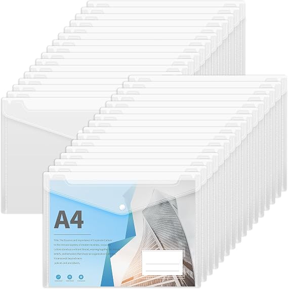 Smarpau 32 Pack Plastic Wallets A4, Clear File Folders with Button Closure