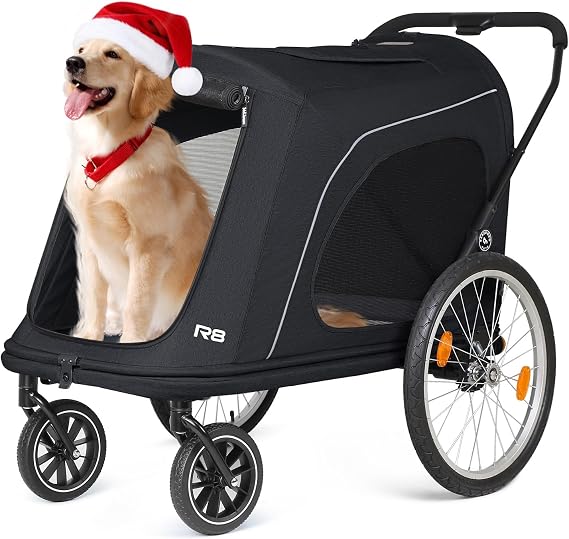 Beberoad R8 4 Wheels Foldable Pet Stroller, Dog Stroller & Pet Trailer for Large Dogs, Elderly, Disabled, and Pregnant Dogs - Conveniently Carriable by Bike and Car (Black)