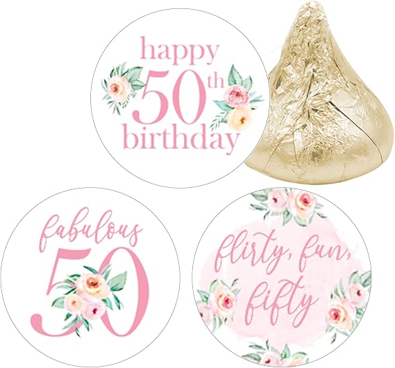 ピンクフローラル 50歳の誕生日パーティーの記念品ステッカー - チョコレートキス キャンディラベル - 180枚 50歳の誕生日デコレーション 女性用