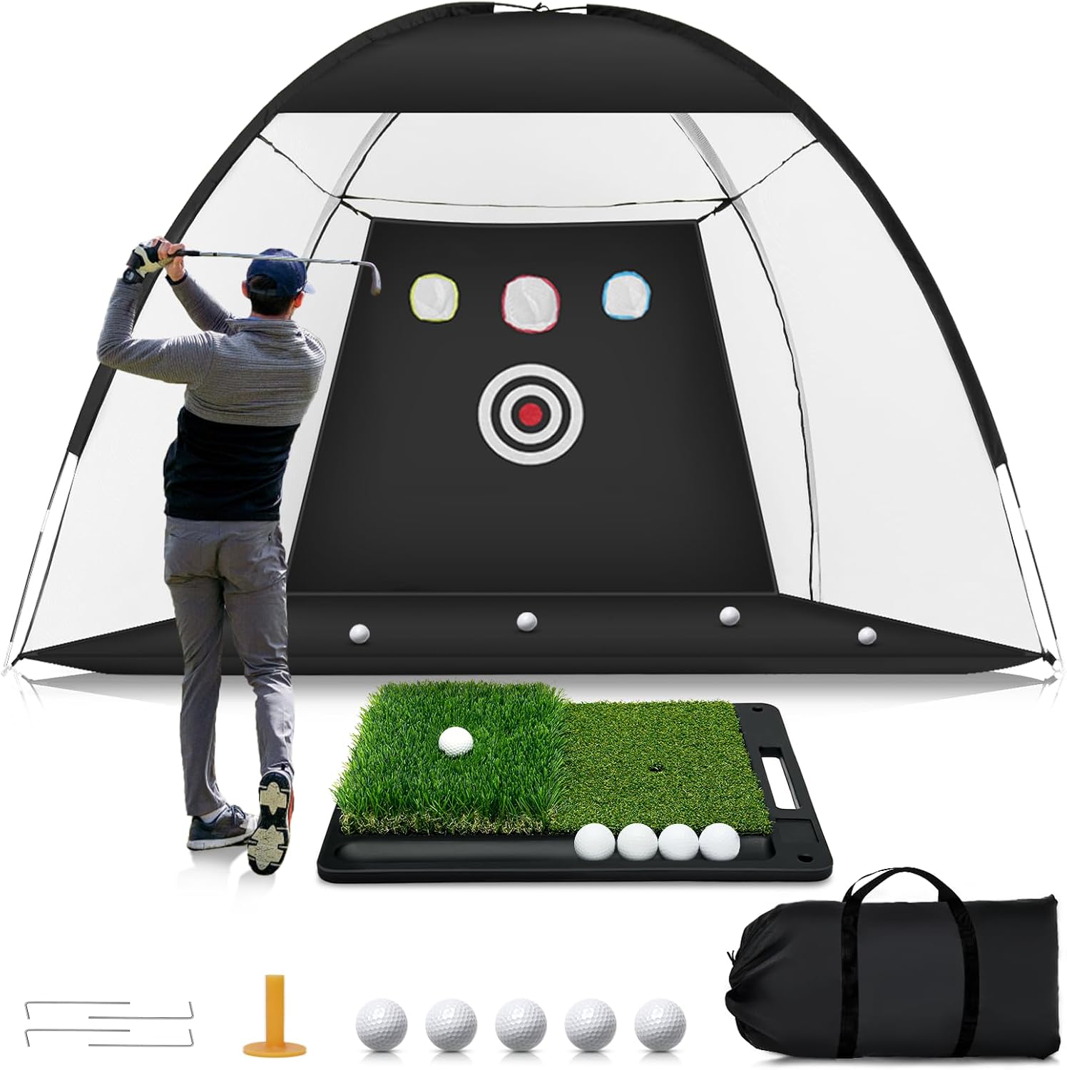 Golf Net for Hitting Practice, 10 x 7FT Golf Training Net with Mat and Target for Backyard, Indoor Outdoor Use, Driving Nets for Chipping, Hitting, Swing, Irons & Driver