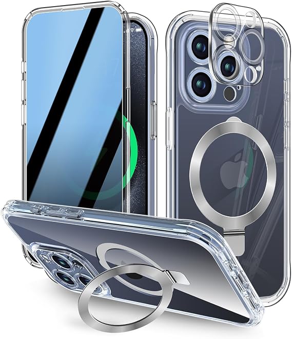 内蔵覗き見防止スクリーンプロテクター&見えない磁気キックスタンド iPhone 14 Pro Max用プライバシーケース 一体型レンズ保護 MagSafe対応 フルボディ落下防止電話ケース -クリア