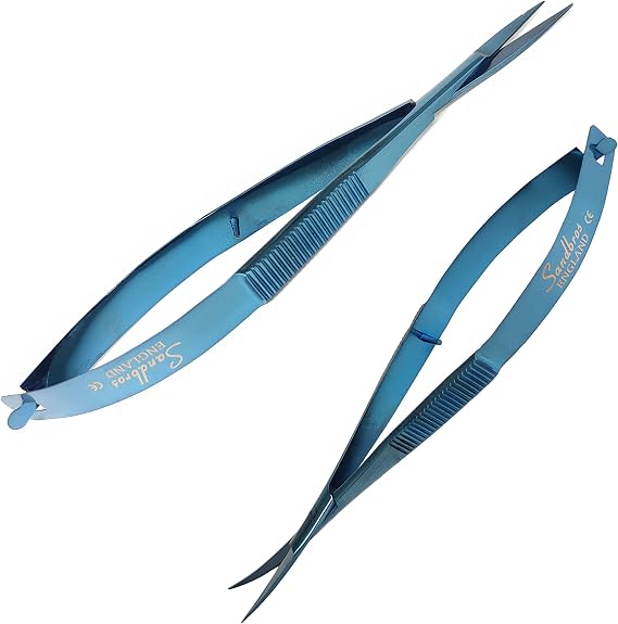 Micro 4.5" Self Opening Scissors from Stainless Steel - Scrapbooking and Decoupage Straight and Curved Spring Action Scissors with Blue Handle