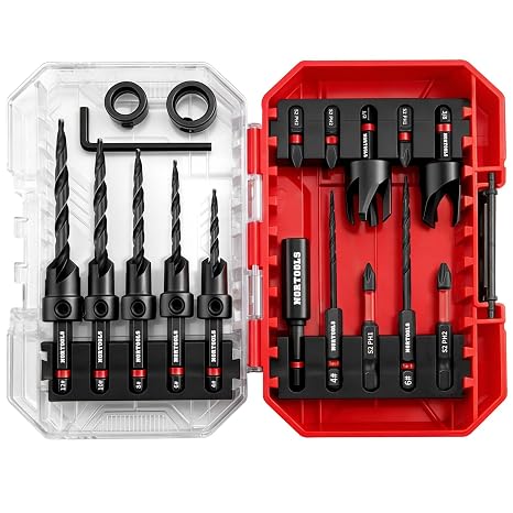 カウンターシンクビットセット 木工用カウンターシンク 18個 木製プラグカッター2個付き 1/4インチ六角シャンクリードライバービット、深さストップカラー、82°ざぐり穴&収納ケース