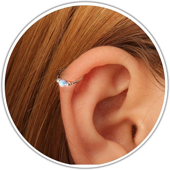Tiny Silver Helix Hoop - Hammered 925 Sterling Silver Cartilage Earring with a small 3mm Blue Opal - Handmade Hypoallergenic Thin 20 Guage Silver Piercing Hoop