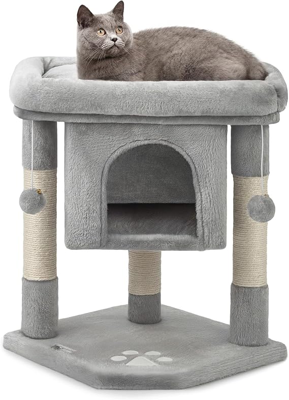 Lionto Scratching Tree with Cave, Bed and Sisal, 60 cm, Light Grey