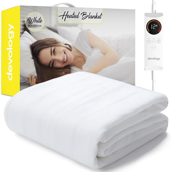 Electric Blanket - Fully Fitted Mattress Cover With Elastic Straps - Premium Fleece Easy Fit Heated Blanket - Detachable Controller & Machine Washable - Single - 90x190cm