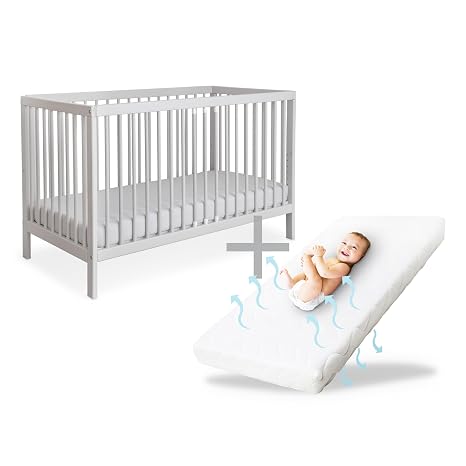 Ehrenkind PUR Baby Bed with Mattress 140 x 70 cm Beech Wood Light Grey Cot 9-Way Height Adjustable with Removable Bars Baby Bed