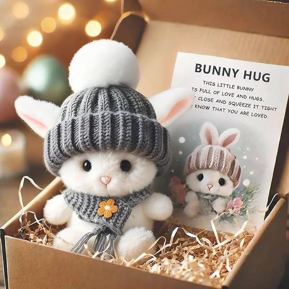 Pipihome Mini Bunny Hug Easter Gifts for Kids, Pocket Hug Rabbit Doll Toys Easter Bunny in Box, Easter Basket Stuffer Emotional Support Positive Crochet Rabbits for Kids & Adults